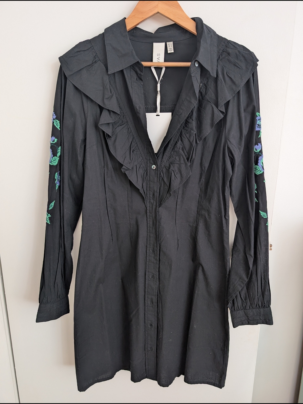 Black Ruffle Front Embroidered Sleeve Dress